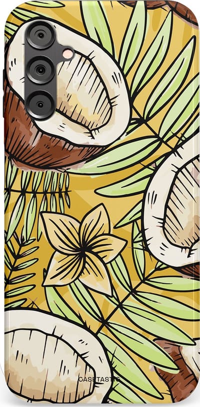 Casetastic Hoesje Geschikt voor Samsung A14 (5G/4G) - Stijlvolle Beschermende Duo-layer Case - Zonnige Kokos Stijl