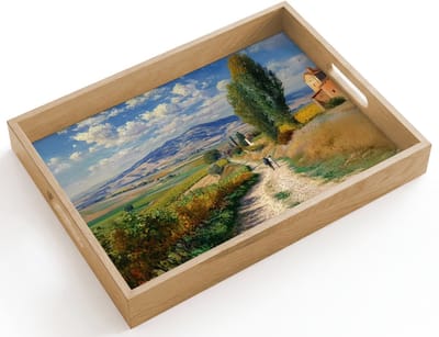 Dienblad hout 40x30 cm - Schootdienblad - Mensen - Wandelen - Zandpad - Velden - Borrelplank rechthoek - Plateau dienbladen