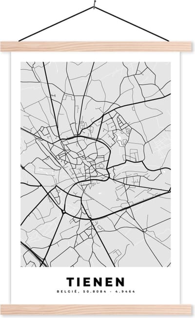 Posterhanger incl. Poster 40x60 cm - Schoolplaat - Zwart Wit – België – Plattegrond – Stadskaart – Kaart – Tienen - Textielposter - Blanke latten - Stadskaart