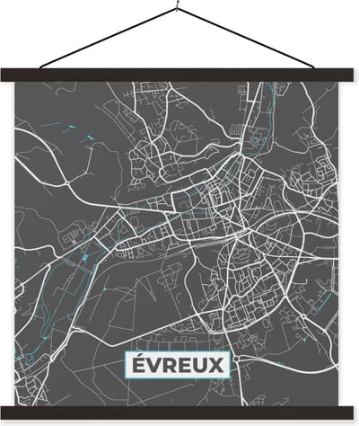 Posterhanger incl. Poster 60x60 cm - Schoolplaat - Évreux - Frankrijk - Plattegrond - Stadskaart - Kaart - Textielposter - Zwarte latten - Stadskaart