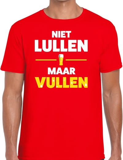 Niet Lullen maar Vullen tekst t-shirt - rood - voor heren - drank - foute party kleding - korte mouwen S
