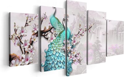 Artaza Canvas Schilderij Vijfluik Twee Blauwe Pauwen - Abstract - 100x50 cm - Wanddecoratie Woonkamer - Schilderijen - Muurdecoratie