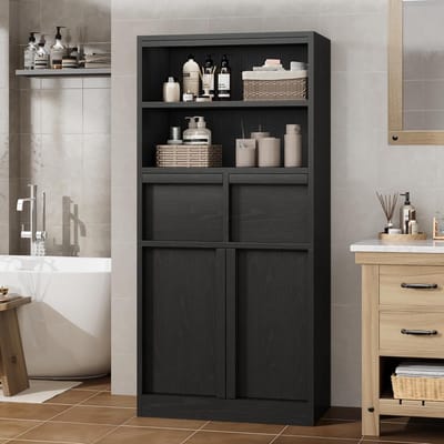 Hoge Badkamerkast / Vrijstaande Opbergkast - Met 2 Lades, Deurtjes & Open Vakken - Multifunctioneel Houten Meubel - 60x30x130 cm - Zwart