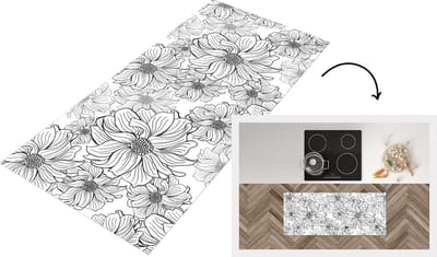 Keukenloper - Loper keuken - Bloemen - Zwart - Wit - Design - 120x50 cm - Keukenloper vinyl