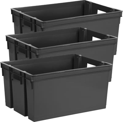 EDA Opbergbox/Opbergkrat 50 L - 3x - zwart - kunststof - 56 x 41 x 29 - stapelbaar/nestbaar