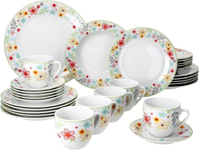 QIN® Serviesset 30 Delig - 6 Persoons - Compleet Servies - Porseleinen - Bloemen - 27cm x 22cm x 15cm