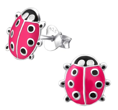 Joy|S - Zilveren lieveheersbeestje oorbellen - 9 x 10 mm - roze met zwarte stipjes