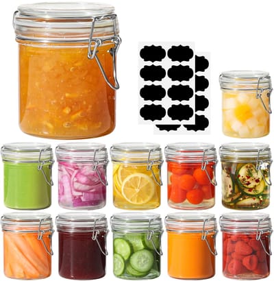 8 oz kleine luchtdichte glazen potten, set van 12 stuks, met deksel, ronde voedselopslagpot, mini-opslagcontainer met duidelijke conserveringsafdichtingsdraad clipbevestiging voor keuken