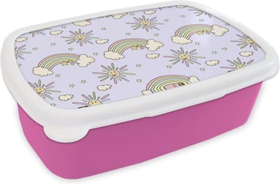 Broodtrommel Roze - Lunchbox - Brooddoos - Meisjes - Regenboog - Zon - Patronen - Girl - Kids - Kinderen - Kind - 18x12x6 cm - Kinderen - Meisje