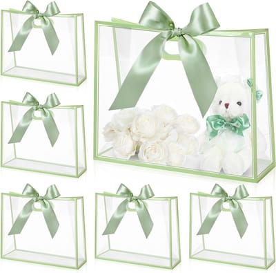 Transparante Cadeautasjes - Geschenkzakjes Plastic - Feestelijke Presentatie - Met Gestanste Handvatten - 31 x 25 x 13 cm - Saliegroen