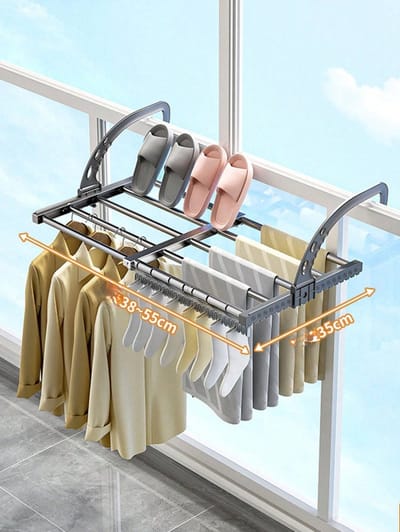 YAGXIG Uitschuifbare droogrek voor kleding - Veelzijdige washanger van koolstofstaal, verstelbaar van 38 tot 55 cm, droogrek voor kleding, schoenenrek, hangend aan de deur, badkamer, vensterbank, leuning, balkon