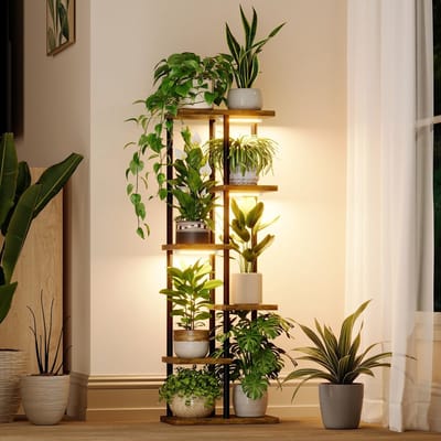 Dailygoods- Plantenrek 6-laags met groeilicht - Metalen Plantenstandaard - Houten Bloemenstandaard - Terrasdecoratie - Full-Spectrum LED's - Compact ontwerp 15,7 cm