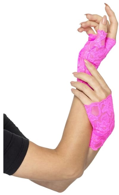 Smiffy's Vingerloze verkleed handschoenen kant - neon roze - one size - jaren 80