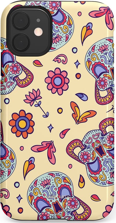 Casetastic hoesje geschikt voor Apple iPhone 11 - Dubbellaagse bescherming - Dia de los Muertos Doodshoofd Bloemen - Fashion Case - Crème Lila Zilver