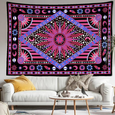 Tapisserie Tarot Soleil Lune Rose Violet Accrochage Mural Psychédélique Sorcellerie Style Bohème Salon Chambre Décoration Intérieure 95x70CM blue