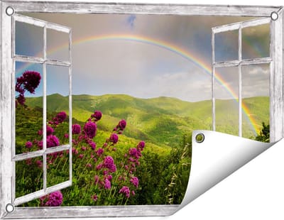 Gards Tuinposter Doorkijk Regenboog in de Heuvel Bossen - 60x40 cm - Tuindoek - Tuindecoratie - Wanddecoratie buiten - Tuinschilderij