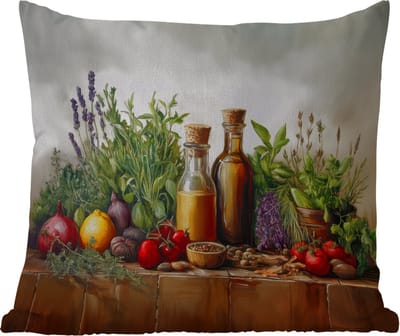 Tuinkussen - Stilleven - Kruiden - Specerijen - Fruit - Kleurrijk - 40x40 cm - Weerbestendig