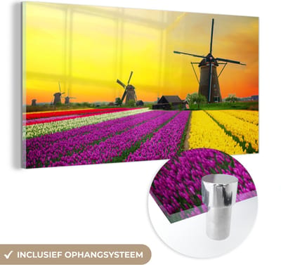 MuchoWow® Glasschilderij 40x20 cm - Schilderij acrylglas - Windmolen - Tulpen - Bloemen - Lente - Foto op glas - Schilderijen