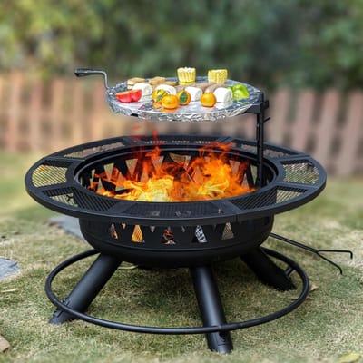 Vuurkorf met Grill - Buitenhaard Terras - Buiten Koken - 3-in-1 Ontwerp - 36 inch Diameter - Zwart