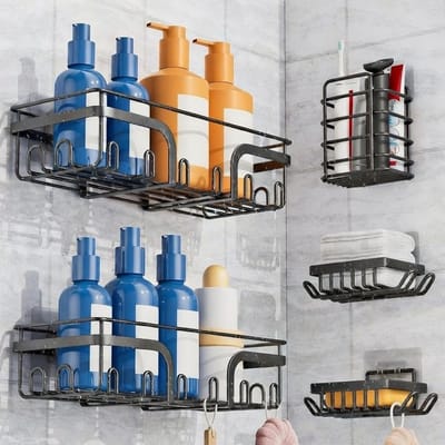 Famanu – Zelfklevende douchecaddy set van 5, doucherek zonder boren, roestvrij RVS, grote capaciteit, badkamer organizer voor shampoo, douchegel en zeep