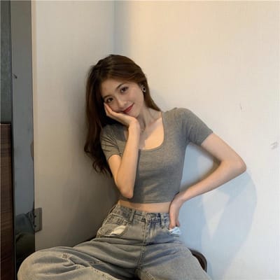 Haut Bas pour Femmes en Été Dernier T-shirt à Manches Courtes pour Femmes Style Coréen Mince Court Exposant le Nombril Haut Court pour Femmes One size gris