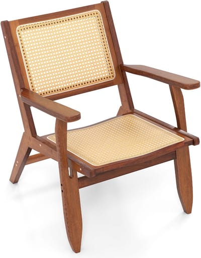 COSTWAY Rotan accentstoel, eetkamerstoel, bamboe, leesstoel met ergonomische rugleuning en armleuning, rotan stoel voor woonkamer, eetkamer en slaapkamer, walnoot