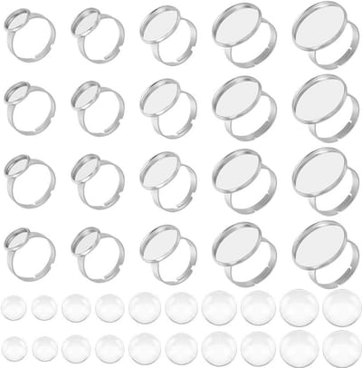Verstelbare roestvrijstalen ringbasis set met cabochons - 5 maten (10/12/16/18/20 mm)