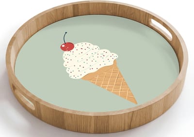 Dienblad rond 40x40 cm - Schootdienblad hout - Illustratie - Ijsje - Spikkels - Kers - Borrelplank rechthoek - Plateau houten dienbladen