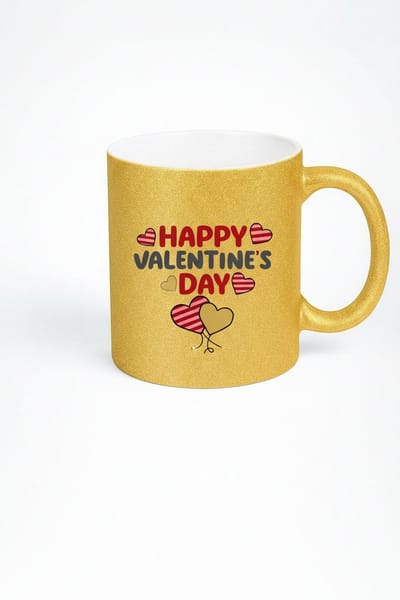 Valentijnsdag Mok Gouden Glitter - Happy Valentine's Day met Hartjes - Romantisch Cadeau