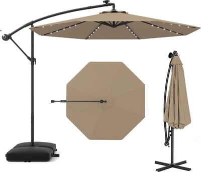 Luxe Kantelbare Zweefparasol 300 cm met 40 LED Zonneverlichting en Zandzakken – Tuinparasol met Crank Mechanisme, UV Bescherming en Metalen Frame