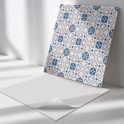 Wallfluent Vinyl Tegels - Patroon met Ornamenten op tegels Wand PVC Tegels - 30 cm x 30 cm - Blauw Vinyl Tegels - 9 stuks - Vierkant PVC Tegels - Texturen Plaktegels - Vinyl Tegels Zelfklevend - Plaktegels Keuken en Badkamer