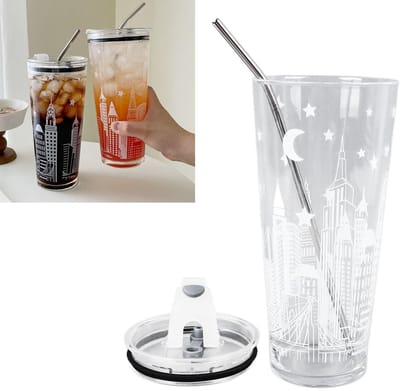 Dailygoods- Drinkglazen Set 1 Liter - Hoog Borosilicaatglas - Deksel - Hittebestendig - Stijlvol - Mokken met Rietje - Mok