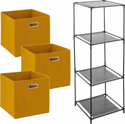 Kastmandjes/opberg manden - geel - 3x stuks van 29 Liter - In metalen rekje van 34 x 98 cm