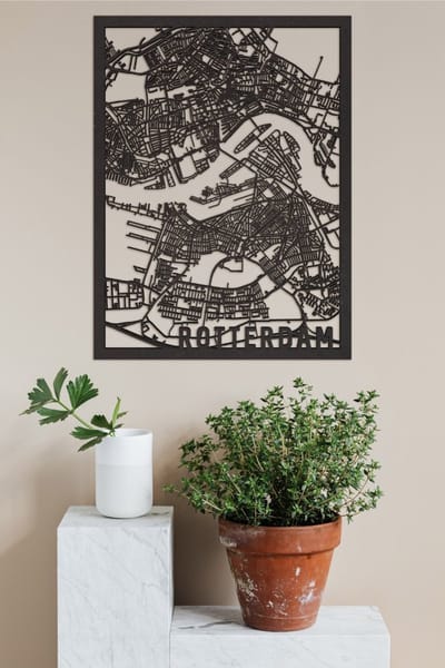 Houten Stadskaart Rotterdam Zwart Mdf 30x40cm Wanddecoratie Voor Aan De Muur City Shapes