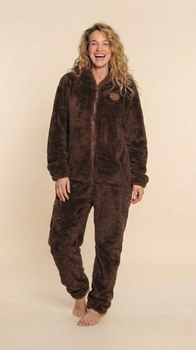 Dames Knuffle Fleece Onesie® | Warme onesie huispak jumpsuit voor vrouwen | Superzacht & comfortabel | Premium kwaliteit | Bruin maat XXS | Duurzaam & CO₂-neutraal geproduceerd in Portugal