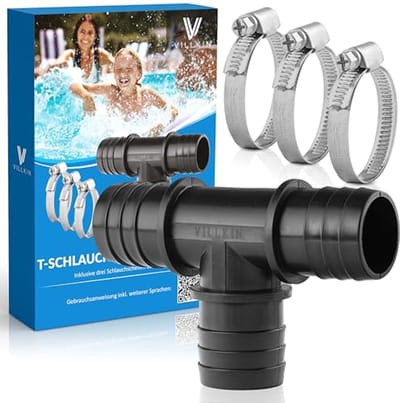 SnelShoppen - T-stuk slangverbinder 32 mm - Complete set met 3 slangklemmen - Zwart - Perfect voor zwembadslangen - Eenvoudige installatie