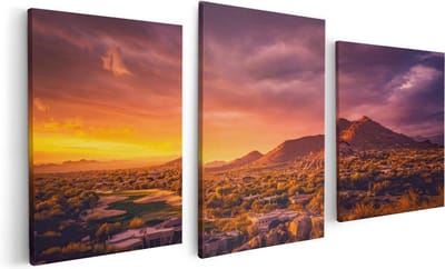Artaza Canvas Schilderij Drieluik Woestijn Landschap Met Zonsondergang  - 120x60 - Foto Op Canvas - Canvas Print
