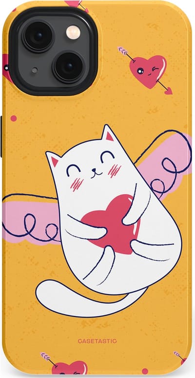 Casetastic Hoesje Geschikt voor Apple iPhone 13 Magsafe - Stijlvolle Beschermende Duo-layer Case - Kattenflirt Geel Rode Hartjes Liefde