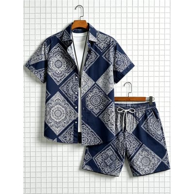 Heren Paisly Cashew Bloemen Vakantieset, Korte Mouw Shirt en Korte Broek, Prachtige Retro Stijl, Zomerse Casual Kleding XL gray