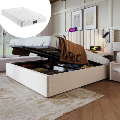 DESMIU Gestoffeerd Bed 140x200 cm – Tweepersoonsbed Met Leeslamp en Oplaadpunten – Opbergruimte Onder Bed – Voor Slaapkamer – Katoen Beige – Met Matras