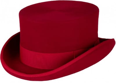 KIMU® Luxe Hoge Hoed Rood - Laag Model - Maat 57 - 100% Wol - Dames Heren Vrouw Man - Tophat Wolvilt Hoedje - Burlesque Showgirl Quizmaster Clown Pimp Festival