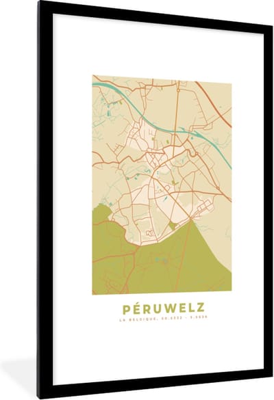 Fotolijst incl. Poster - Stadskaart - Retro - Péruwelz - Kaart - Plattegrond - 80x120 cm - Posterlijst