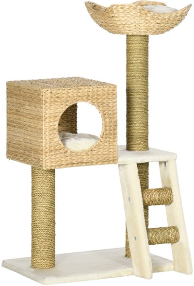 Merax Kattenboom 100 cm met Kattenhuis Pluche Kattenbed Krabpaal met Kussens en Trapje Natuurlijk Hout