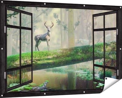 Gards Tuinposter Doorkijk Hert in het Bos op een Boom - 150x100 cm - Tuindoek - Tuindecoratie - Wanddecoratie buiten - Tuinschilderij