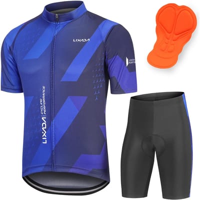 Heren Ademend Snel Droog Comfortabel Korte Mouw Jersey en Gevoerde Shorts Fietskledingset L blauw