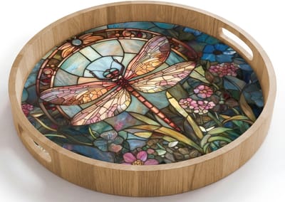Dienblad rond 40x40 cm - Schootdienblad hout - Libelle - Mozaïek - Bloemen - Kleurrijk - Borrelplank rechthoek - Plateau houten dienbladen
