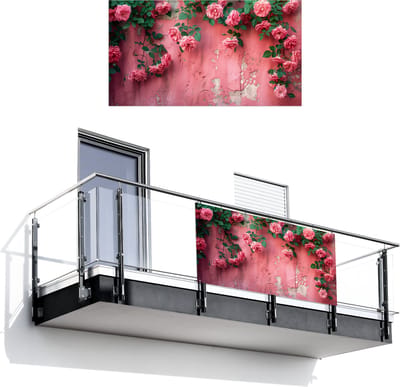 Balkonscherm 200x110 cm - Balkonposter Roze - Bloemen - Rozen - Bladeren - Balkon scherm decoratie - Balkonschermen - Balkondoek zonnescherm
