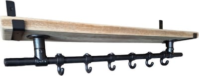Wandkapstok Industrieel - Kapstok met Bovenplank - Steigerbuis - 90 Cm - 6 Haken - Metalen plankdragers Zwart