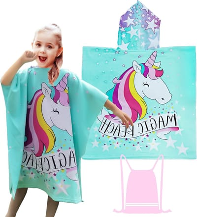 Hooded Poncho Badhanddoek voor Kinderen met Eenhoorn Design - Zacht, Absorberend en Ideaal voor Strand en Zwembad, 75x150cm, Geschikt voor Meisjes van 6-14 Jaar