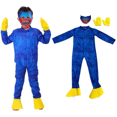 Poppy Play Kostuum Huggy Wuggy Kissy Missy Cosplay Jumpsuit met Masker, Halloween Horror Spel Outfit voor Jongens Meisjes Height (110-120cm) blue